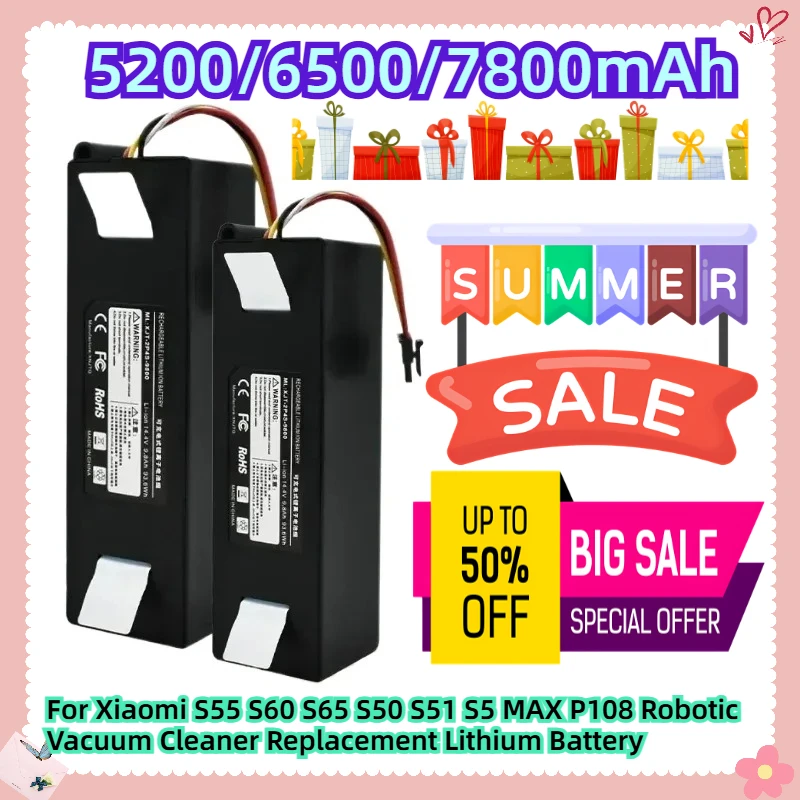 

14.4V 5200/6500/7800mAh For Xiaomi S55 S60 S65 S50 S51 S5 MAX P108 Robotic Vacuum Cleaner Replacement Lithium Battery