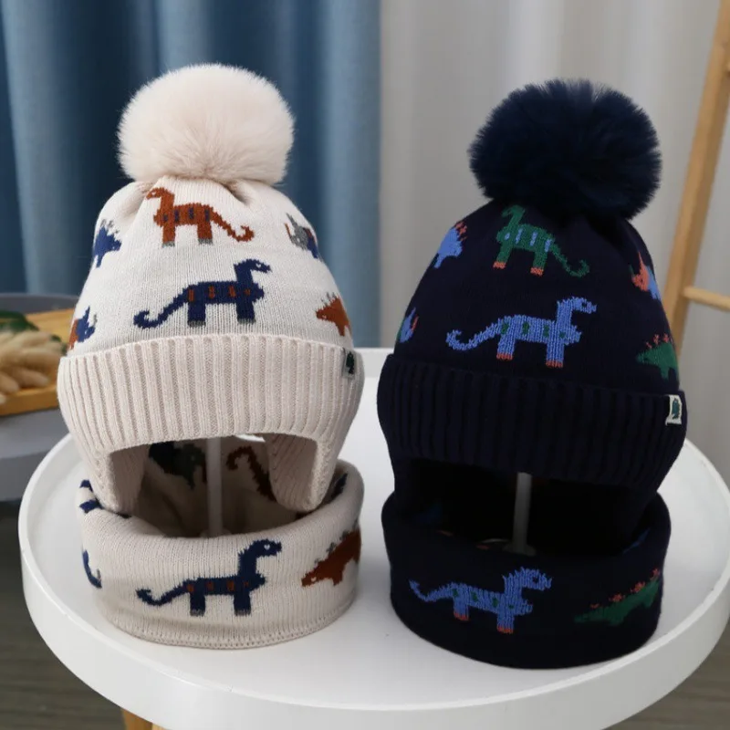 Hat & Scarf Set - Soft Warm Knit 2pcs Kids' Winter Beanie with Ear Flaps Lightweight Warmth for Boys & Girls