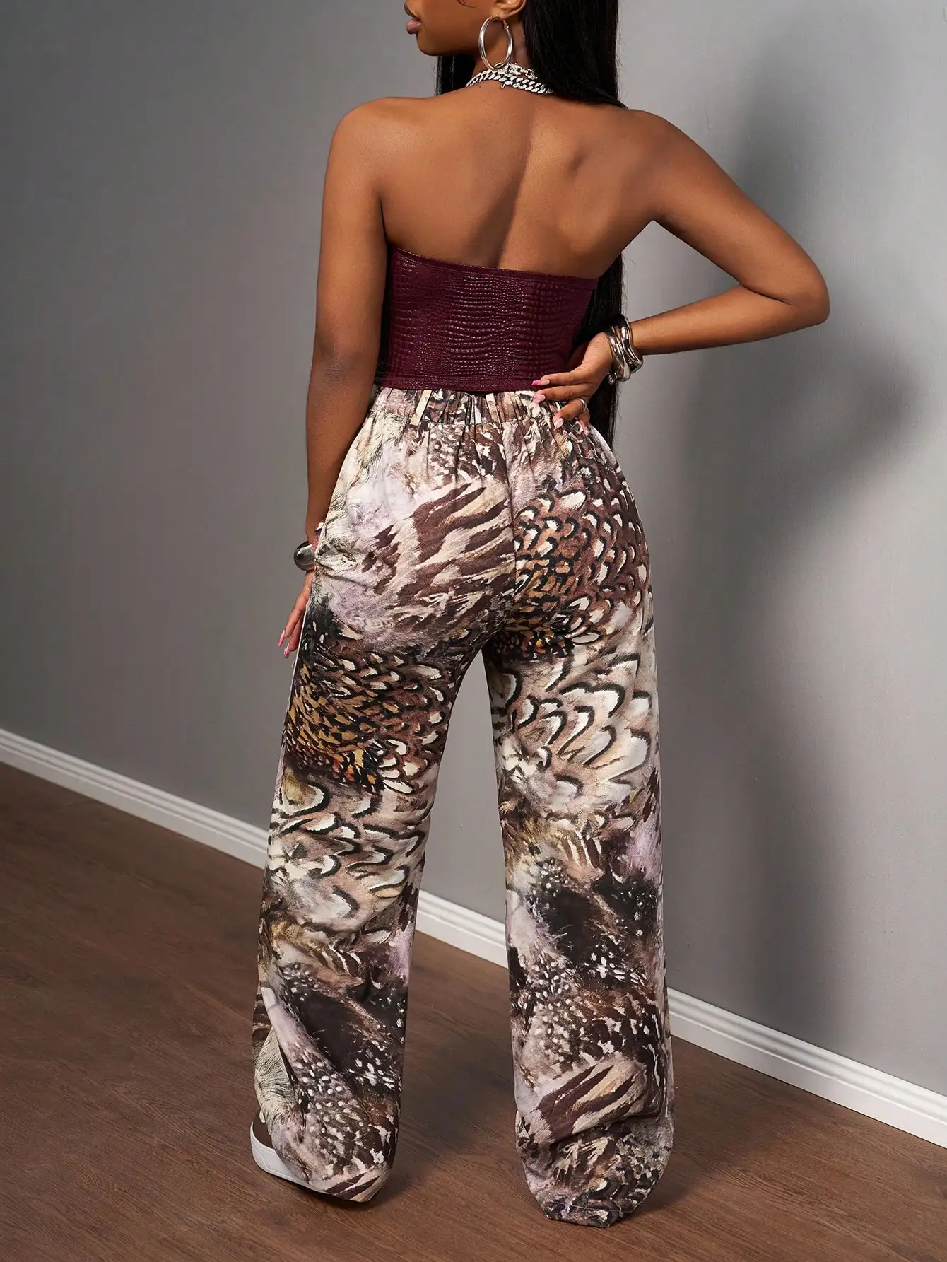 Wijnrode PU corsettop & wijde broek met print, dames 2-delige set voor feest, rave, Halloween