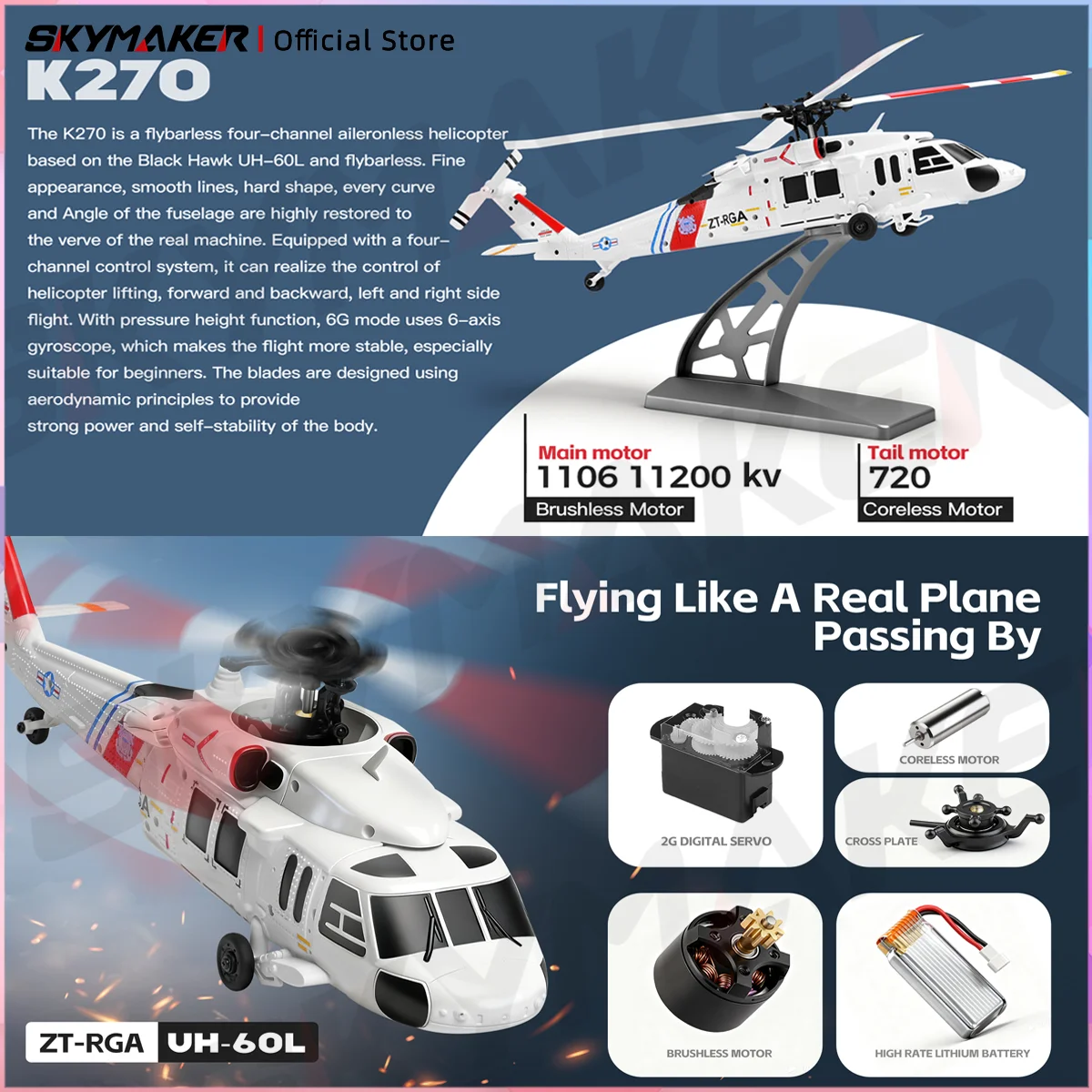 WLtoys K270 Black Hawk UH-60 4CH RC Helicopters 2.4G 6-Aixs Optical Flow Altitude Hold Brushless RC Airplane Toys for Kids Gift