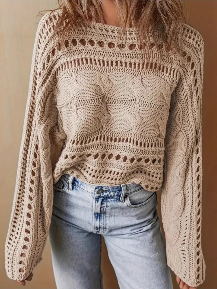 Women's Long-sleeved Round-neck Short Top Spring And Autumn Simple Solid Color Crochet Blouse Hollow Long-sleeved Beach Sweater
