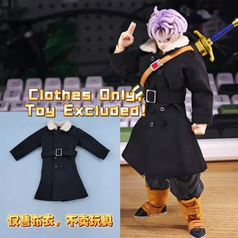 Nueva figura de anime de Dragon Ball Super Saiyan Trunks, abrigo cortavientos negro con cuello de piel, accesorio de juguete para cuerpo de soldado de 6 pulgadas.