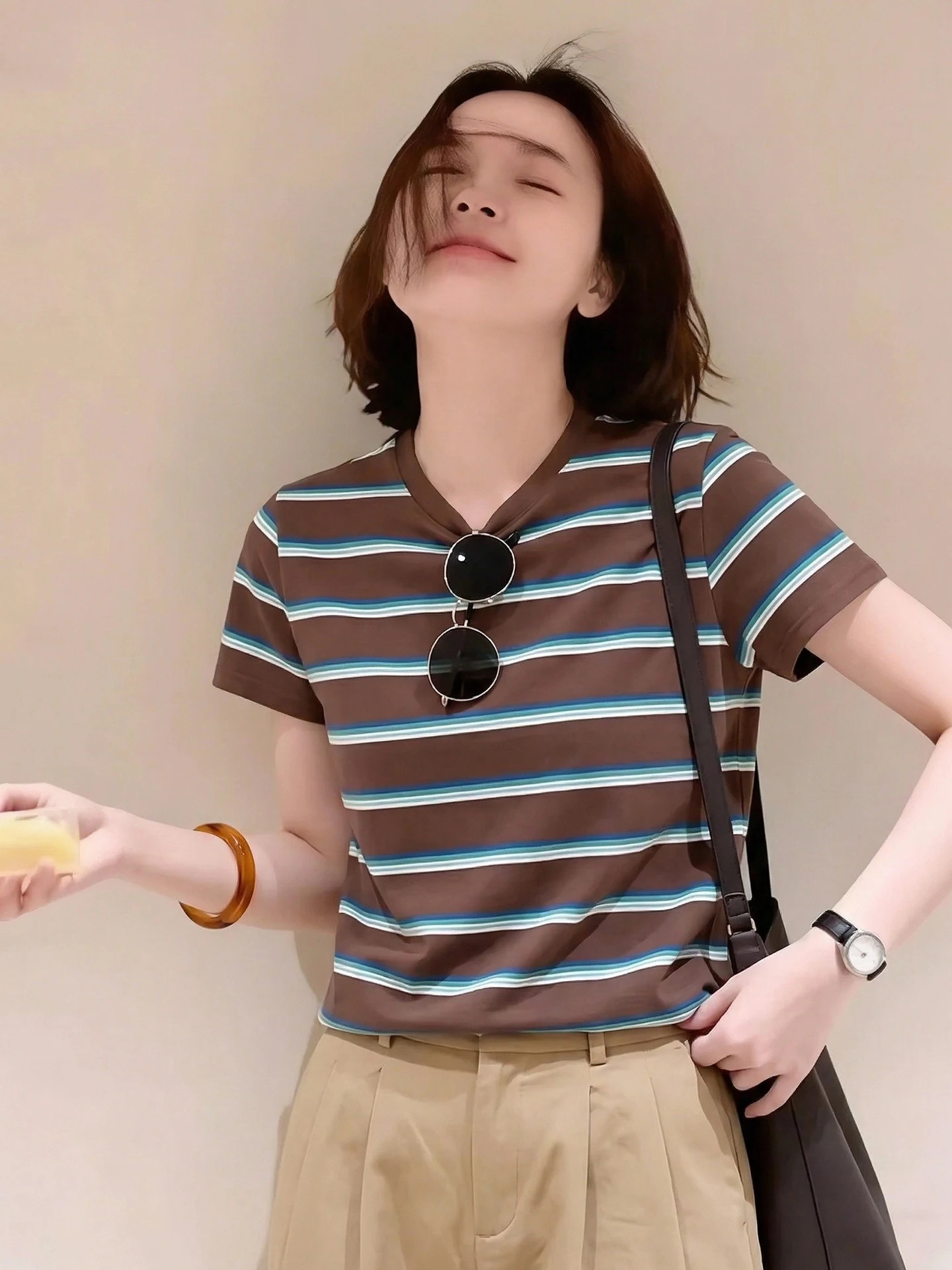 

Chic Retro Striped Short Sleeve T-Shirt Women's Summer Design Sense Color Block Top Korean Style Straight Cut Inner Wear