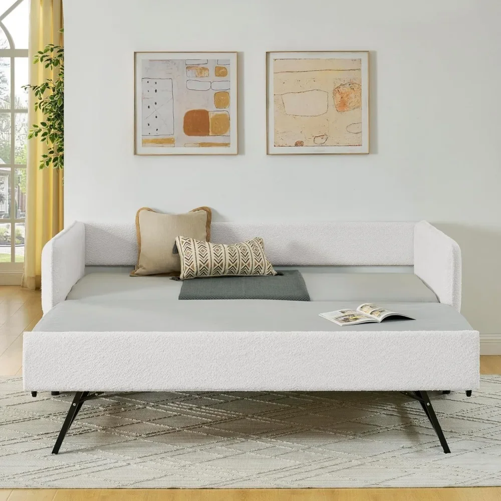 Upholstered Daybed with Pop Up Trundle, Twin to King Daybed with Trundle, Modern Extendable Day Bed Frame for Kids Teens