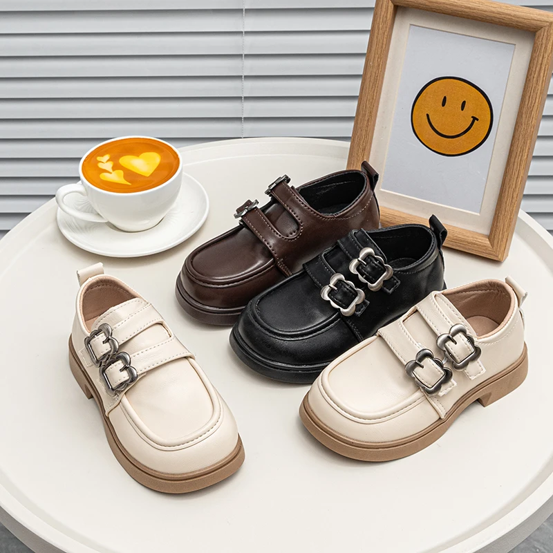 Children Leather Shoes British Style Round Toes Girls Princess Shoes Soild Color Versatile 2026 New Fashion Kids Flats Non-slip