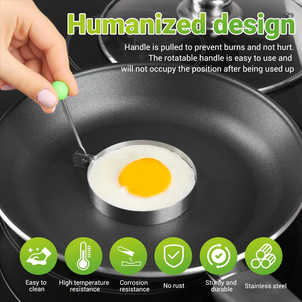 A1422Z~Fried Egg Molds, Pancake Mold Maker with Handle for Kids, Mold Non Stick for Griddle Pan 5Pcs