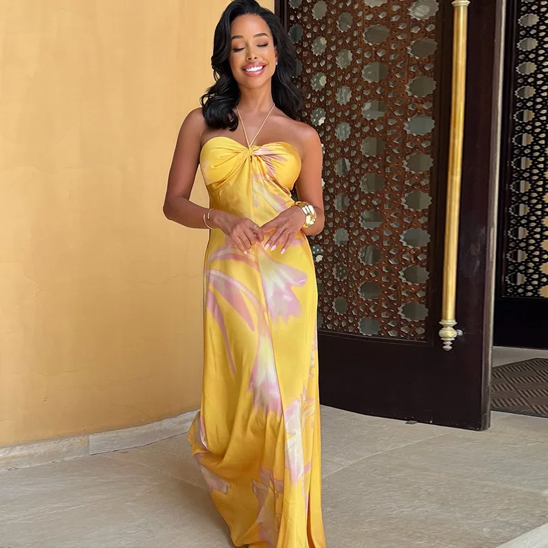 

SMVP 2025 Spring Summer Vintage Satin Yellow Print Wrap Women Dress Fashion Zipper Backless Dress Elegant Evening Party Dress