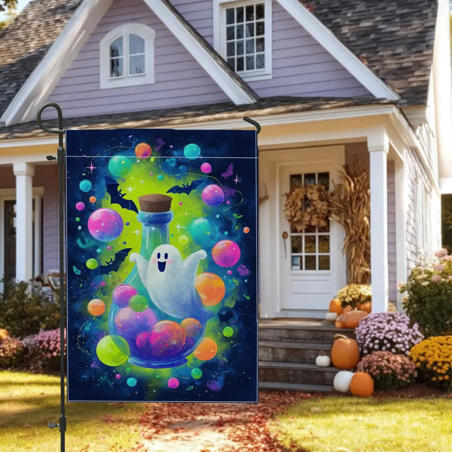 Halloween Ghost Potion Garden Flag, Colorful Bubbles and Bats Outdoor Decor, Double Sided Yard Banner for Fall Festival Deco HHZ
