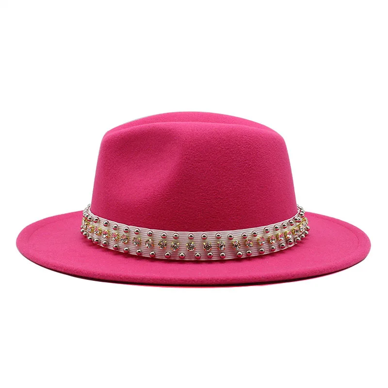 AliExpress-Chapéu Fedora cavalheiro feminino, chapéu de lã pérola europeu e americano, aba plana, chapéu de abas grandes, atacado