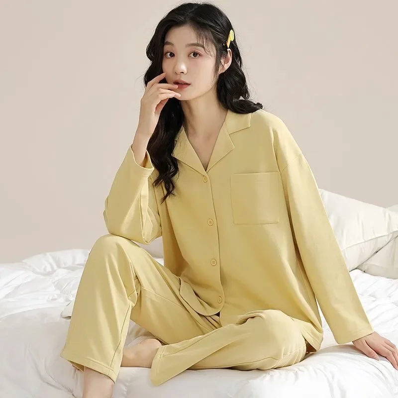2024 New Women's Cotton Pajamas Spring Autumn High-end Lapel Loungewear Cardigans Simple Comfortable Long Sleeve Homewear