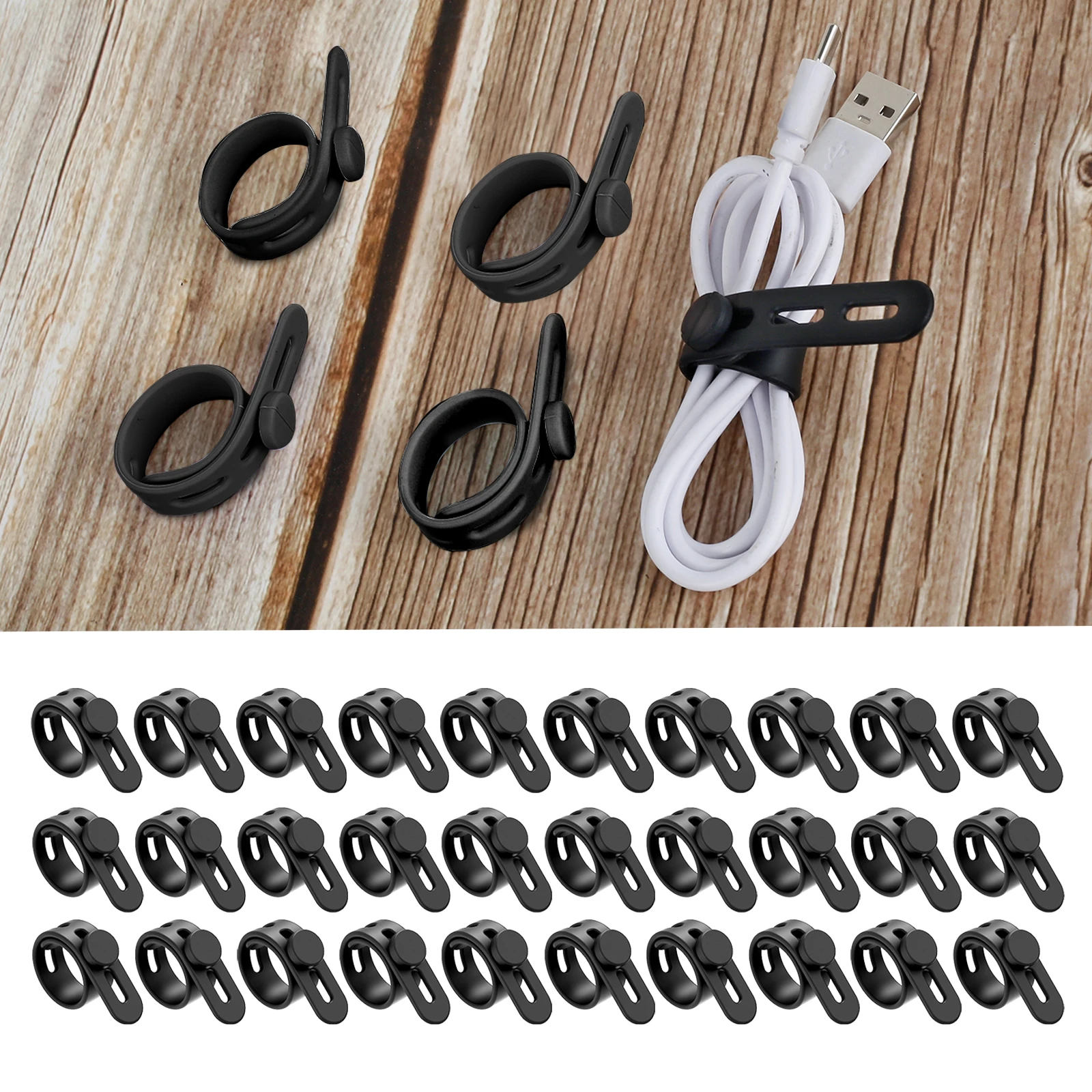 30Pc Elastic Silicone Cable Ties Soft Adjustable Cable Straps Cord Bundle Organizer Wrap Reusable Wire Management w/ Lock Buckle