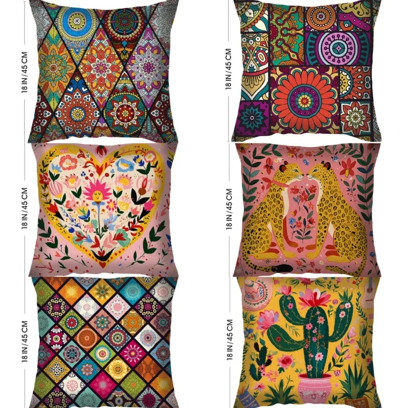 45X45cm/18x18inch Bohemian Retro Pillow Cover Folk Leopard Print Cactus Heart Flower Ethnic Print Decorative Square Pillow Cover