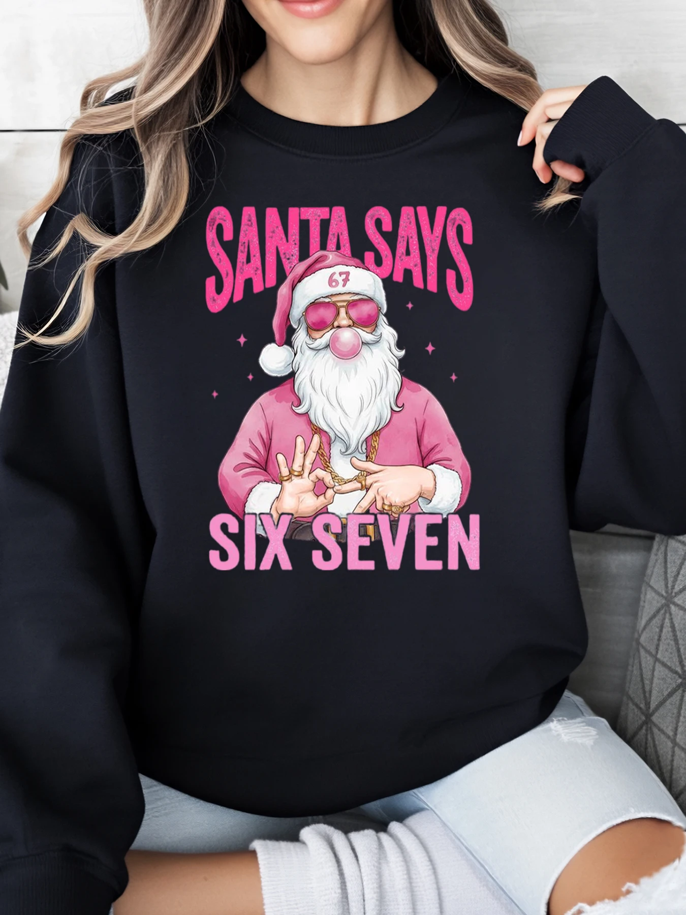 

Santa Says Six Seven Рождественский свитшот с принтом Женская повседневная праздничная одежда Черный Большие размеры