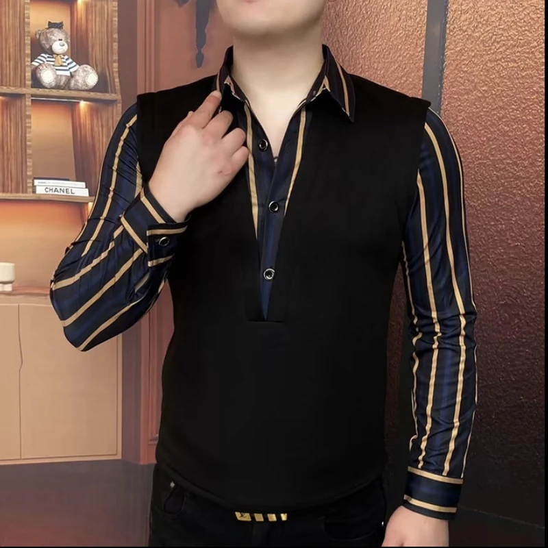 2026 Spring Striped Shirt Splicing Sweatshirt for Men Lapel Long Sleeve Casual Pullover Business Social Sweatshirts Men Clothing