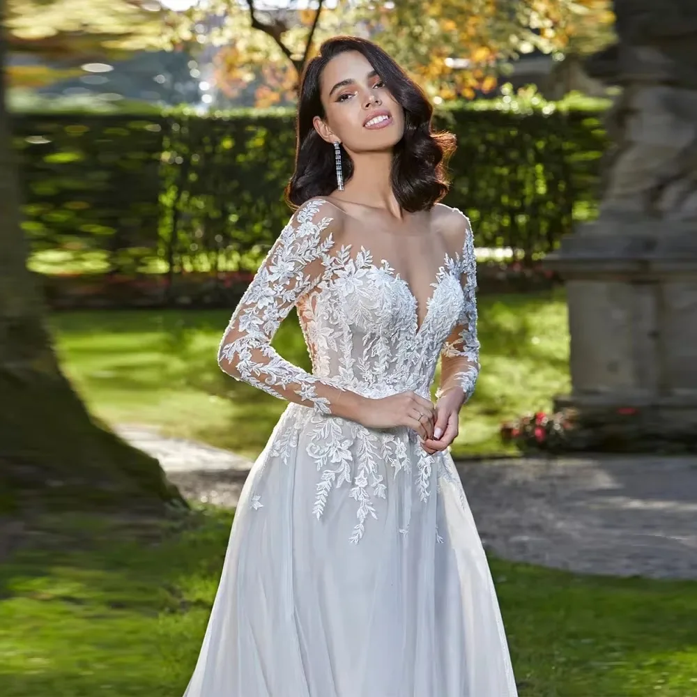 Personalizado manga longa robe renda applique vestido de casamento sem costas vestidos de noiva a linha o-pescoço vestido de noiva