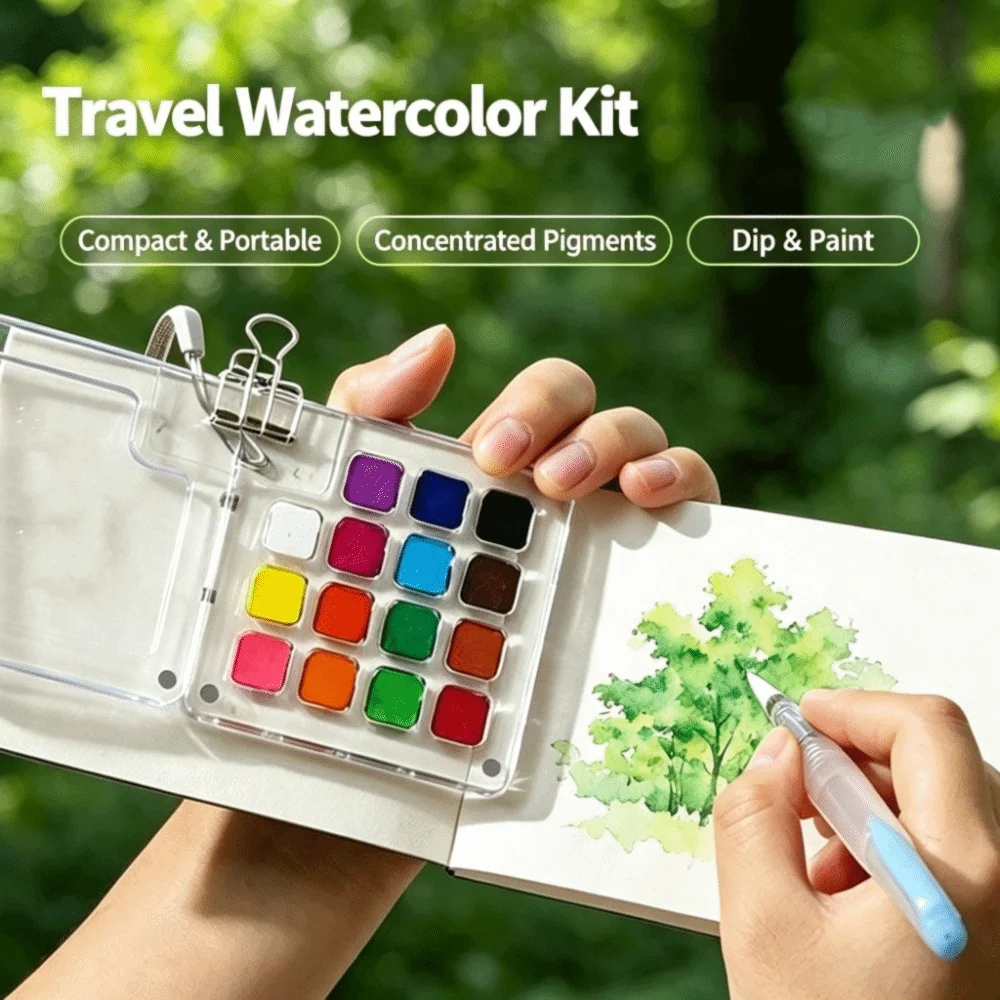 15Color Mini Watercolor Paint Set Compact & Easy-to-Carry Portable Pocket-sized Paint Set PocketSized with Acrylic Storage Box