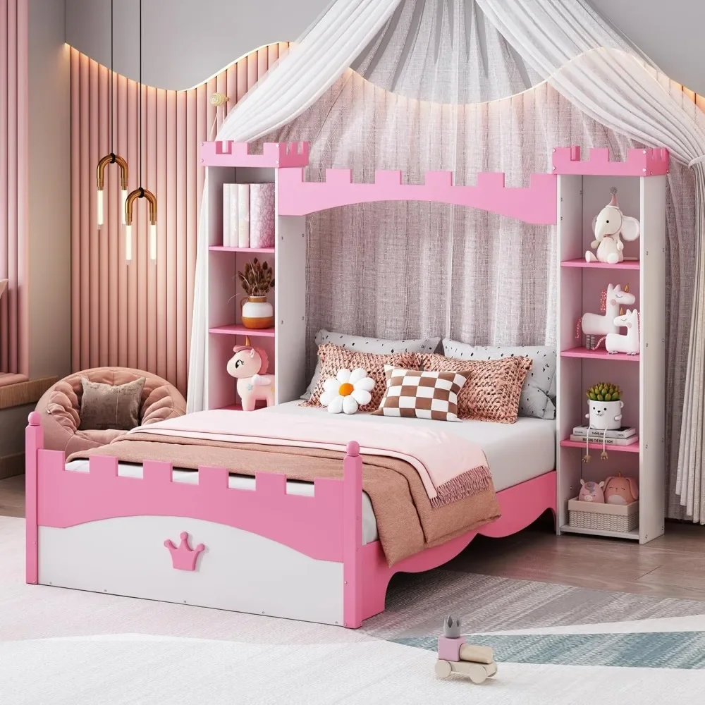 Twin Size Platform Bed with Storage Shelves, Castle Shaped Bed for Kids, Twin Size Princess Bed for Girls, Kids Twin  Bedframe