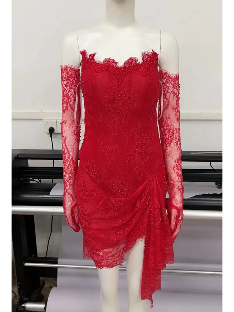 Women Luxury Lace Party Dress Sexy Red Black Strapless Corset Bodycon Mini Dresses with Gloves Celebrity Birthday Evening Dress