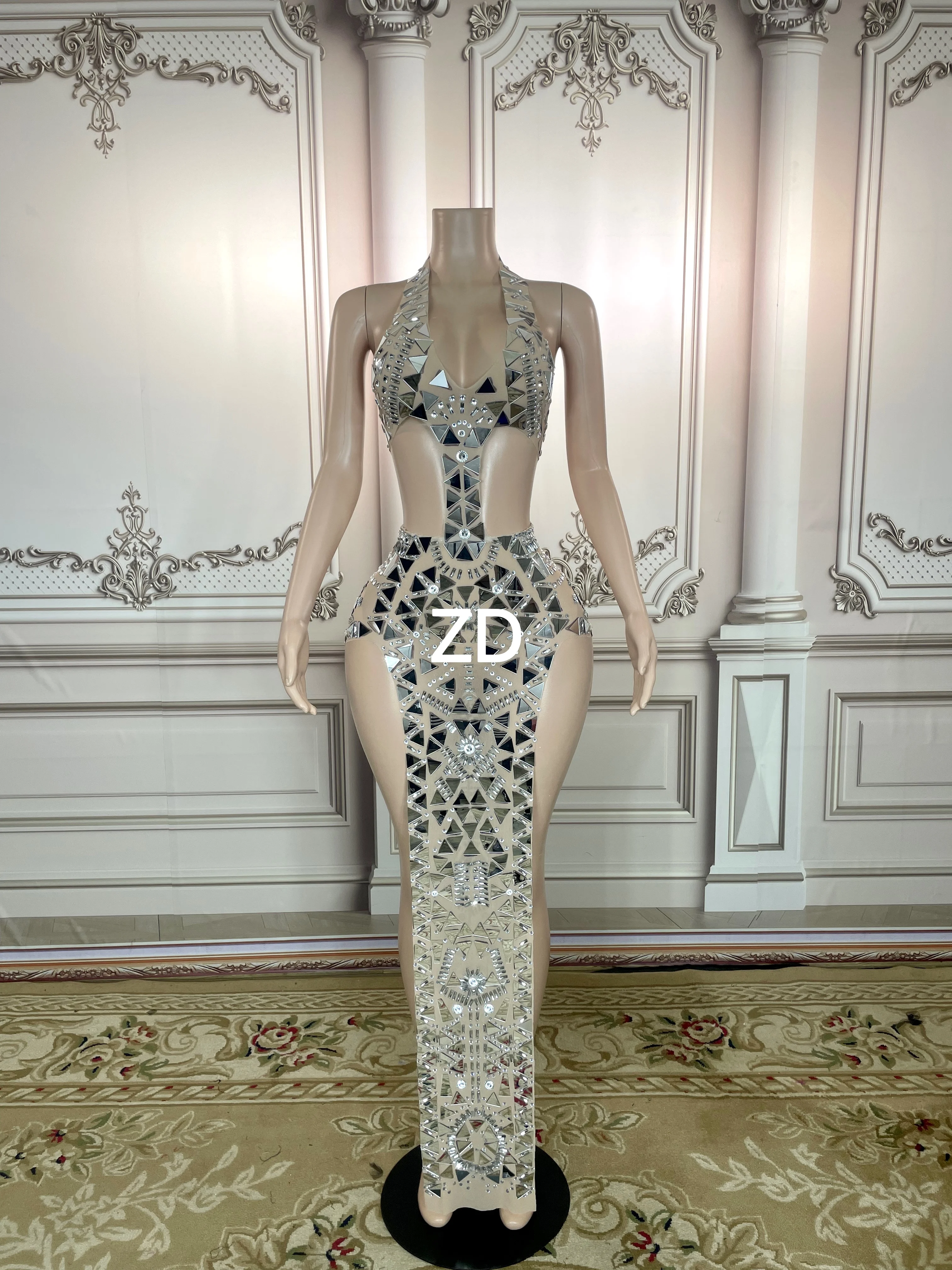 

Вечерний наряд для шоу для девочек, роскошный костюм для девочек, роскошный наряд для вечеринки, блестящее серебряное зеркальное длинное платье со стразами, вечернее платье