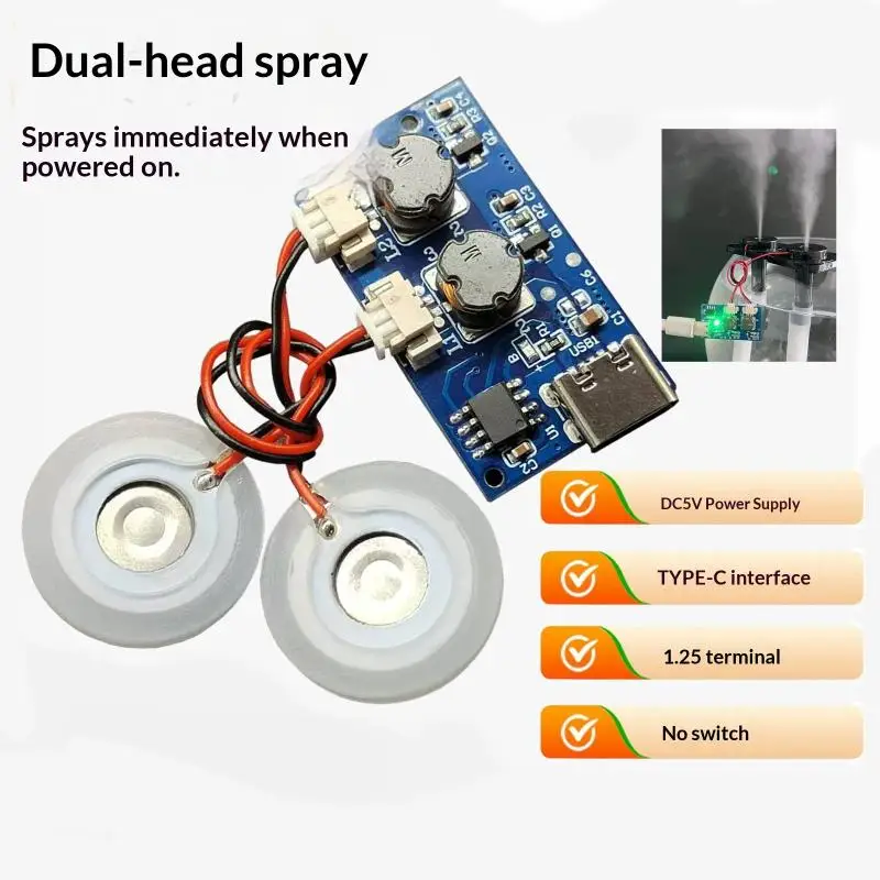Dual-Output 5V Ultrasonic Mist Maker Module - USB-C Direct Spray, No Switch Needed for Humidifiers & DIY