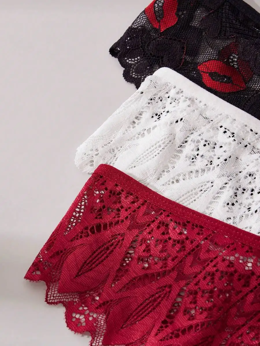 

3pcs Women Lace Panties With Criss-Cross Strap And Bow Detail Seamless Crotch
