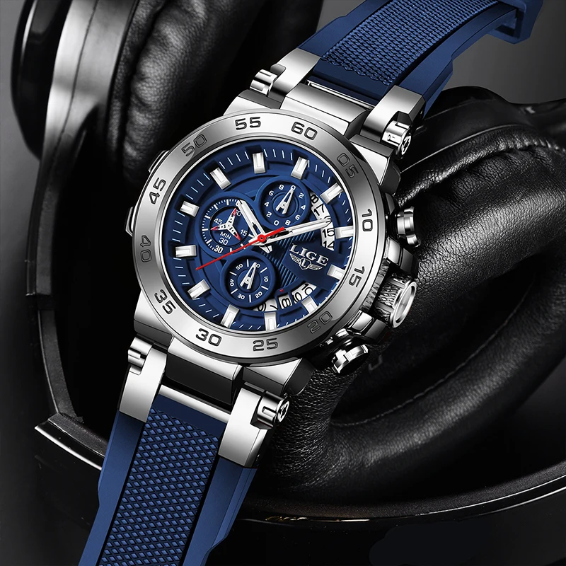 LIGE 2025 جديد ساعات رجالية موضة سيليكون حزام بسيط الرياضة العسكرية تاريخ 50 متر مقاوم للماء كوارتز رجالي ساعات المعصم reloj + BOX