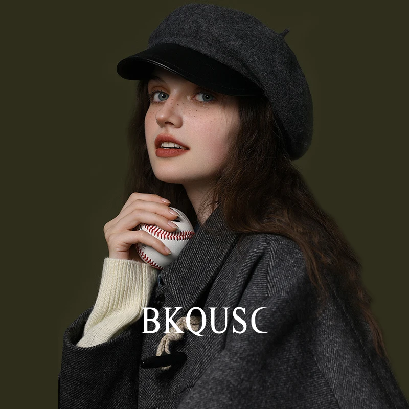 British Vintage Women\'s Beret Caps Winter Warm Solid Color Retro Leather Woolen Painter Hat Unisex Stylish Lady Cashmere Beret