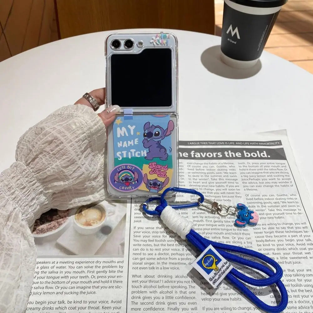 Kawaii Stitch Cartoon Bracelet Phone Cases for Samsung Galaxy Z Flip 3 4 5 Z Flip5 Zflip5 Long Lanyard Shockproof Back Cover