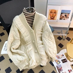 V Neck Parkas Thick Autumn Winter Top Clothes Patchwork Ruffle Plaid Cardigans Women Knitwear Pull Femme 2025 Jacket Casual