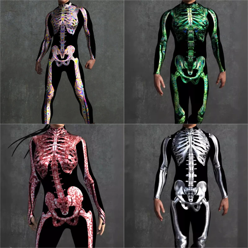 

Unisex Children Adult New Skeletal Terror Bodysuit 3D Bone Contour Print Street Goth Halloween Costume for Games Anime Cosplay