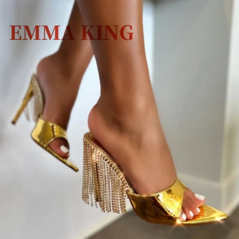 Tacones de mula con punta puntiaguda y flecos de diamantes de imitación, zapatillas de tacón de aguja de cuero metálico, zapatillas de tacón elegantes sin cordones para mujer 46