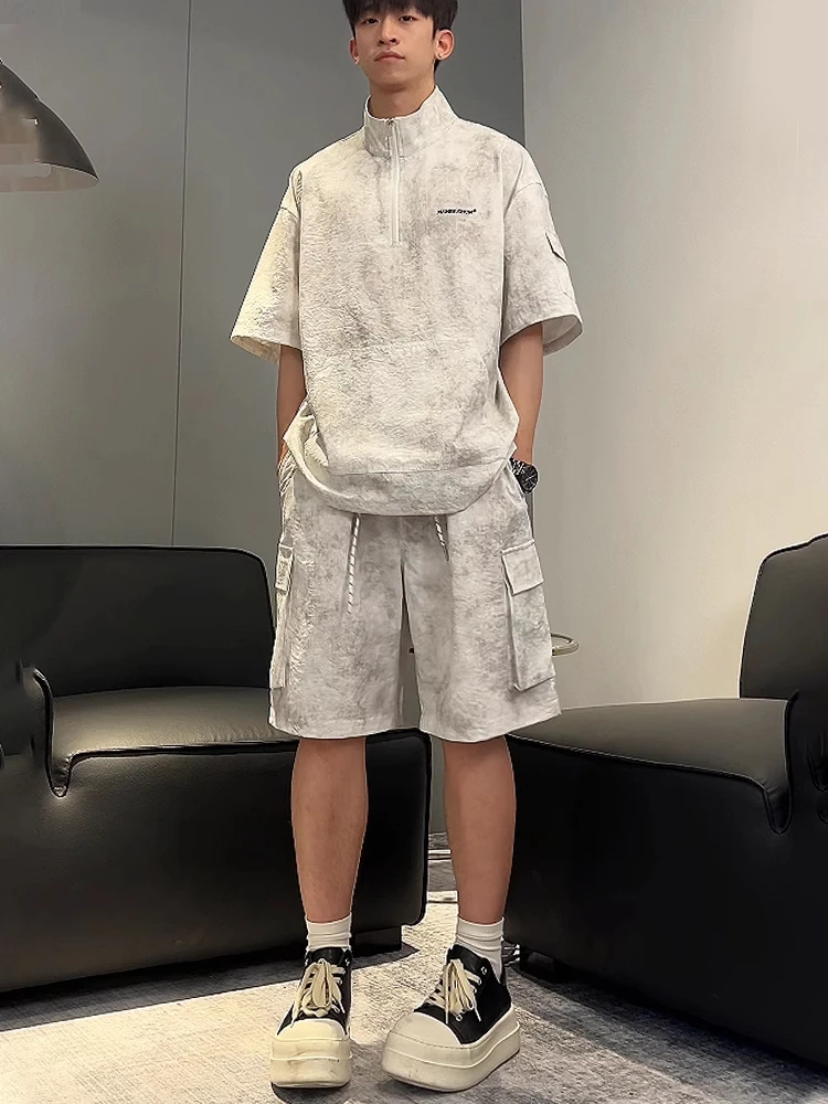 

Summer Thin Sportswear Set Men's American Dyed Workwear ort Sve Large ket orts Two Piece Set Casual Leisure Outfit