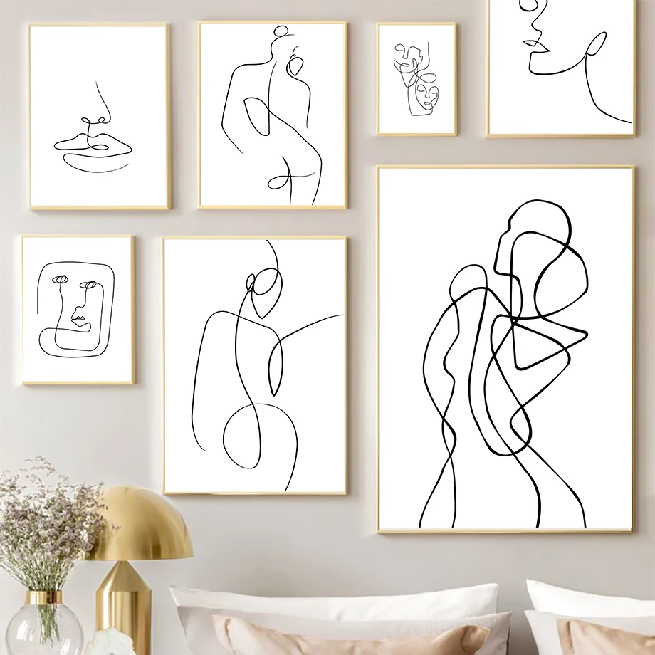 أسود أبيض مجردة خط الوجه الحد الأدنى قماش جدار الفن الشمال غرفة المعيشة ديكور المشارك طباعة الحديثة هندسية الوجه الصورة #3