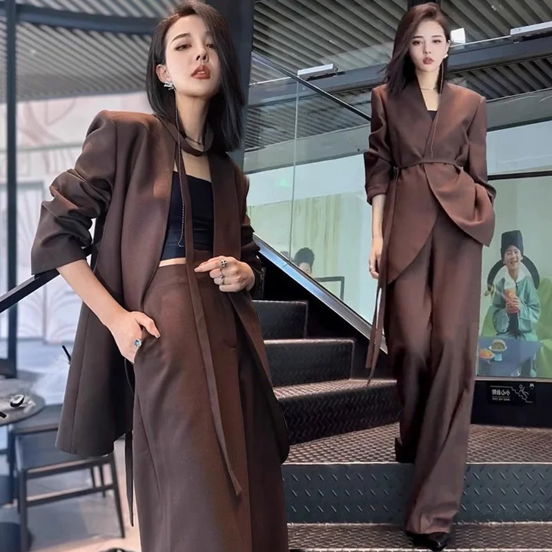 Retro Goddess Temperament Elegant Maillard s Wide Leg Pants 2023 Autumn New Advanced Two-piece Suit