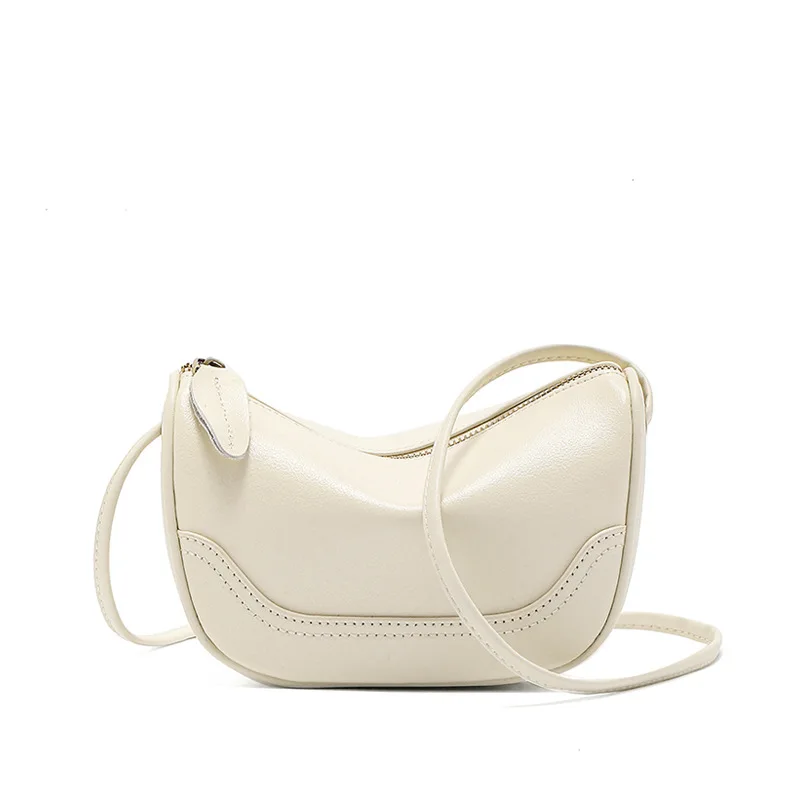 First-Layer Cowhide Crescent-Shaped Underarm Bag for Women, Simple Retro Adjustable Thin Shoulder Strap Crossbody Bag, Versatile Mini Zipper Square Bag for Commuting