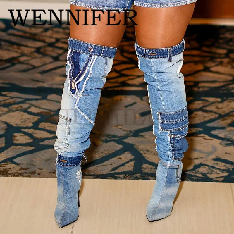 Blue Denim High Stiletto Heel Boots Pointed Toe Sexy Thigh High Heel Boots Ladies Night Club Party Over the Knee Botas De Mujer