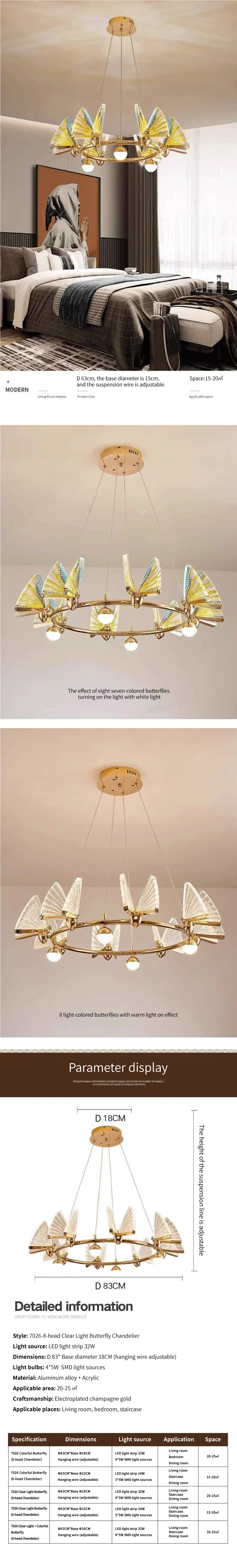 Acrylic Butterfly LED Pendant Lights Living Room Gold