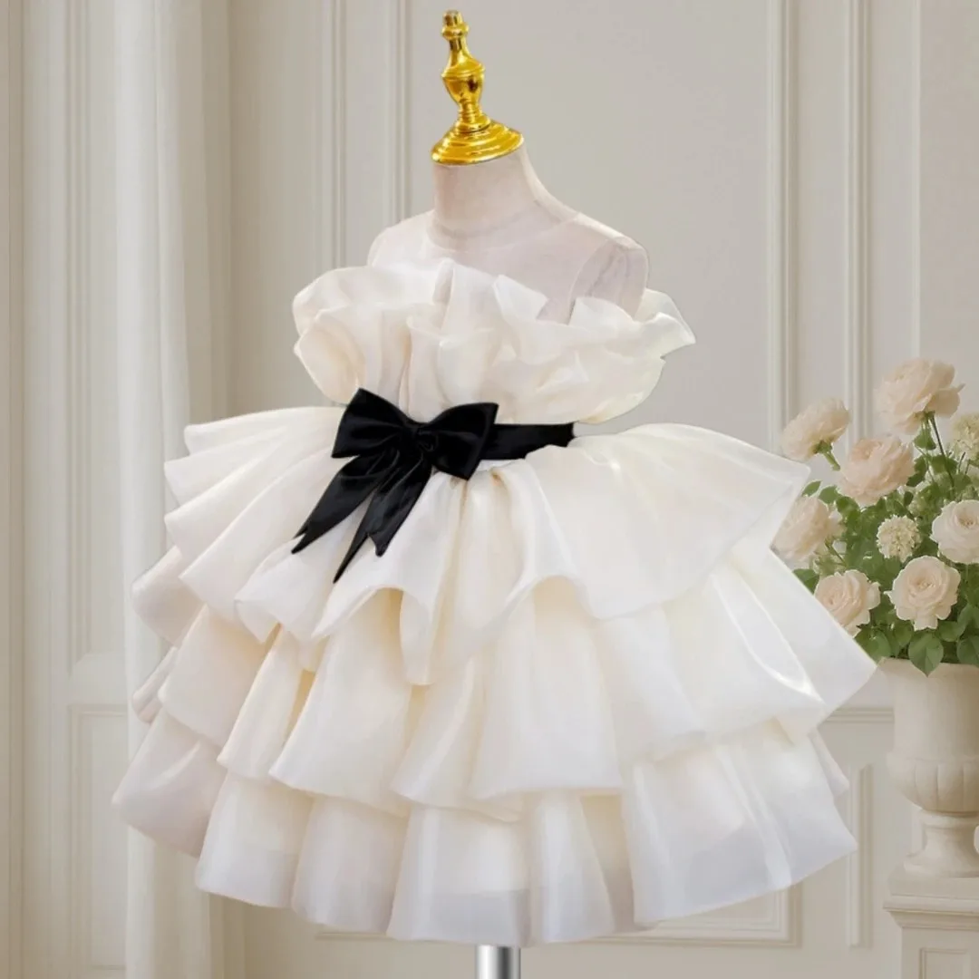 

Custom Flower Girl Dress Beige Chiffon Multi-Layer Design Black Bow Sleeveless Suitable for Weddings and First Communion