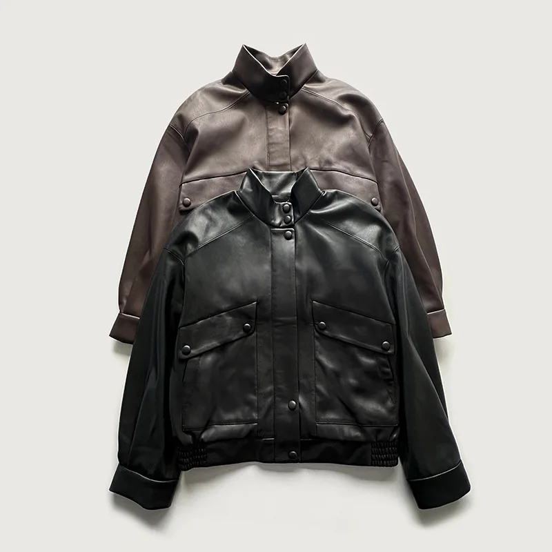 Lederjacke mit Stehkragen ~ Reißverschluss, umweltfreundliche Leder-Fliegerjacke, gerade Röhre, winddichte Lederjacke