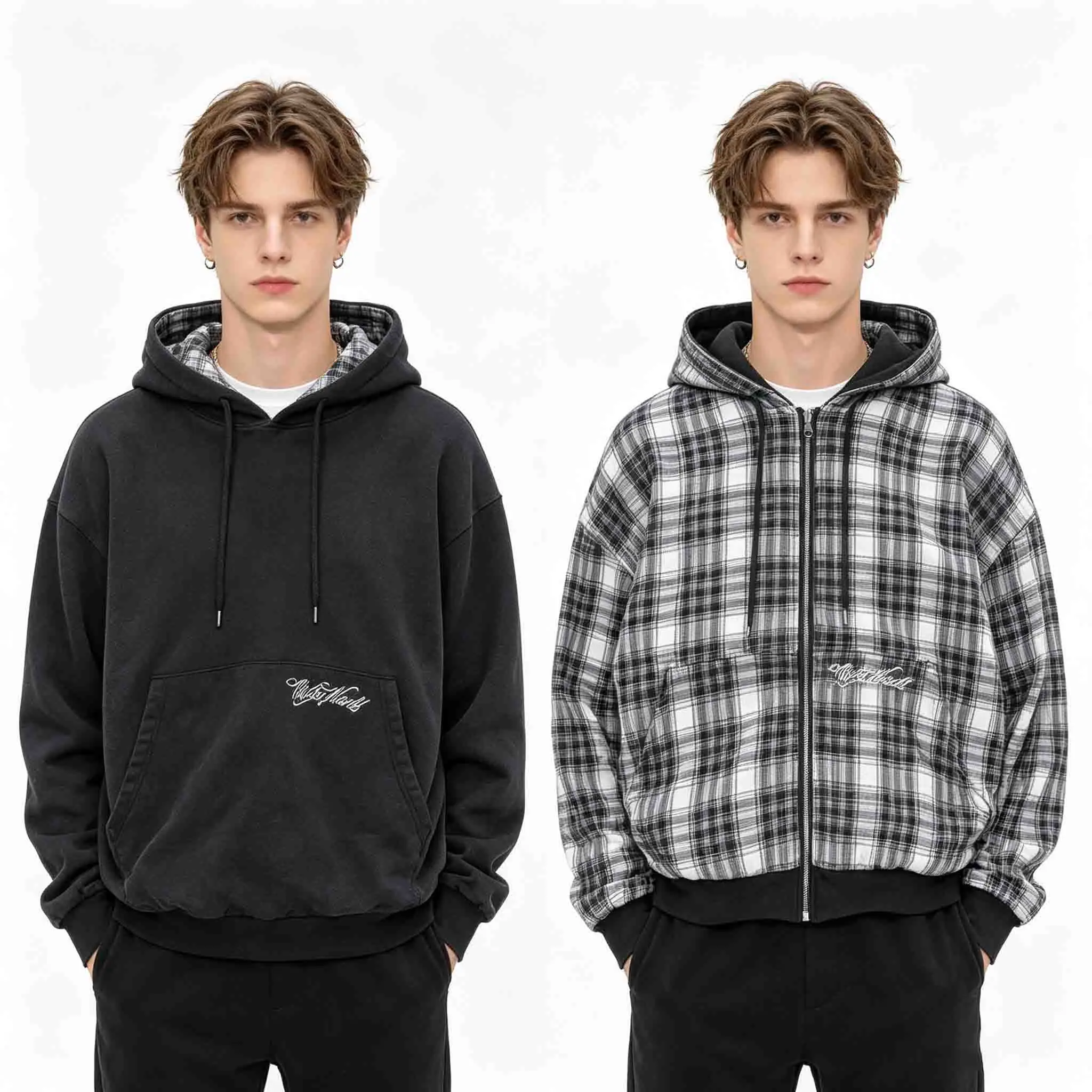 Y2K Wendbarer Karierter Zip-Up-Hoodie, Kurz Geschnitten, Langarm, Locker Sitzend, Streetwear-Sweatshirt – Detail 1