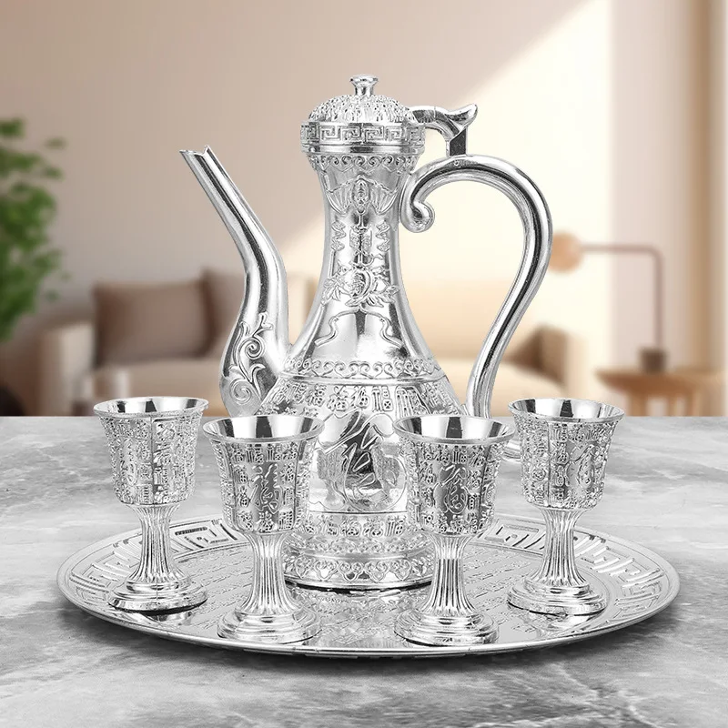 6 Pcs set Dragon and Phoenix Wine Set Tea Pot Home Party Decorative With 4 Cup Set Coffee Tea Serving Pot With Round Shaped Tray