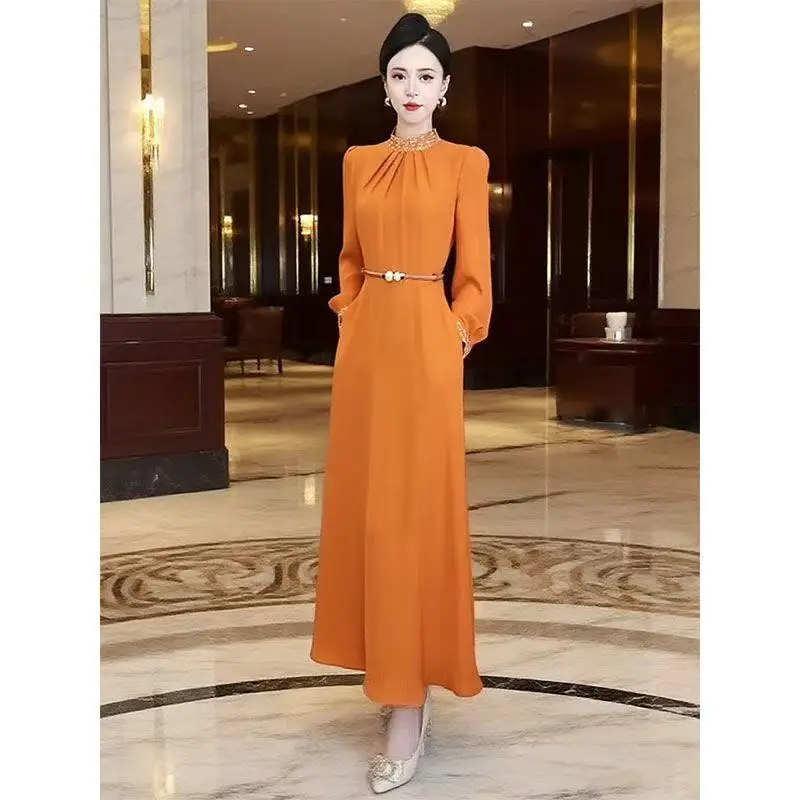 Spring Autumn New Simple Elegant Dress Women Stand Collar Long Sleeve Slim A-Line Long Dress Beautiful Office Lady Dresses