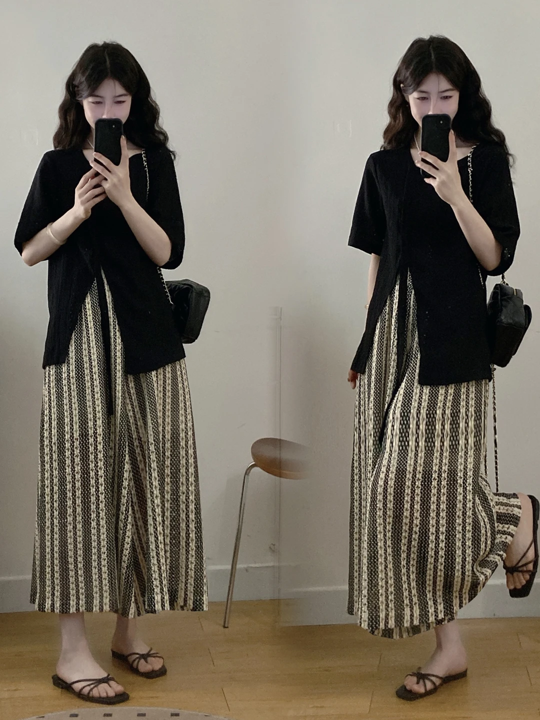 

Ladies plus Size Lazy Style Two-Piece Set Summer Loose Slimming Asymmetrical Black Cover-Up Wide Leg Skirt Pants Outfit