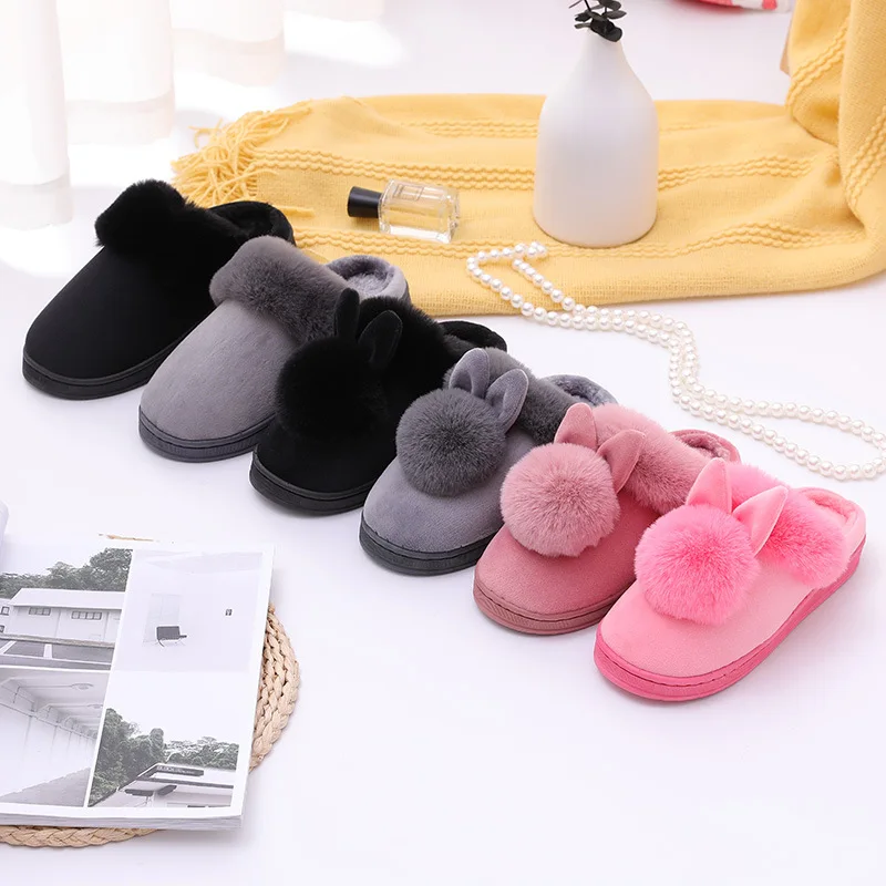 Women Cute Rabbit Ears Winter Warm Slippers Coral Fleece Slippers Soft Fashion Indoor Fluffy Cotton Slippers