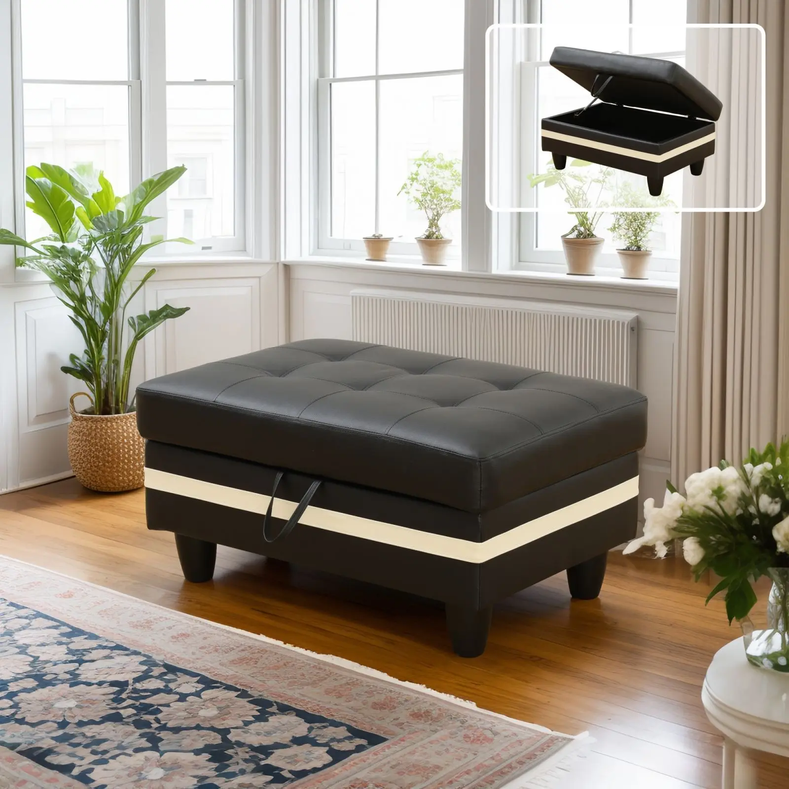 أثاث عصري أسود وأبيض شبه من جلد البولي يوريثان، مساحة تخزين مخفية كبيرة موفرة للمنزل والمكتب ومسند قدم متعدد الوظائف