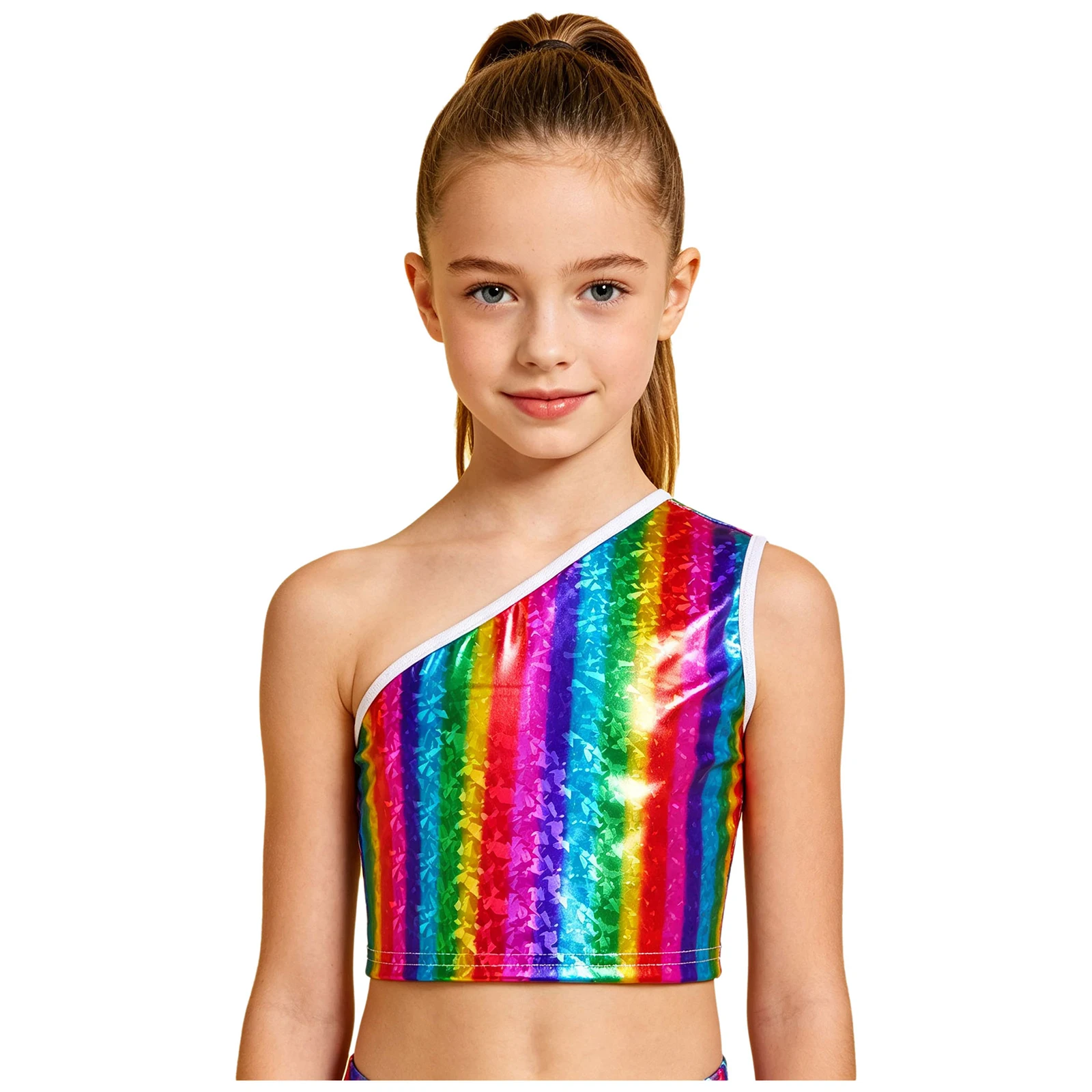 Kinder Jungen Ärmelloses Glänzendes Crop-Top Mädchen Hip-Hop Jazz-Tanz-Oberteil Einschultriges Metallic-Crop-Top Jazz-Tanz-Auftrittskostüm – Detail 22