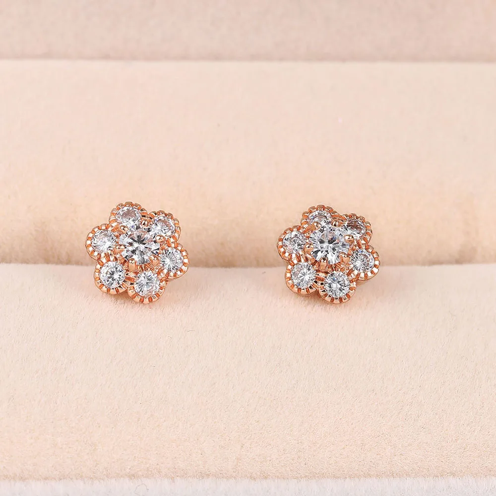Pendientes de tuerca de flor de cristal para mujer, estilo lujoso ligero, circonita cúbica, Color oro rosa, bonito regalo, joyería de moda E134