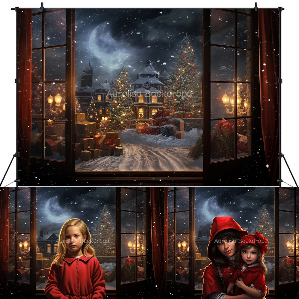 Xmas Street Backdrops Kids Baby Potorgaphy Props Child Adult Photocall Props Christmas Trees Evening Moon Santa Background