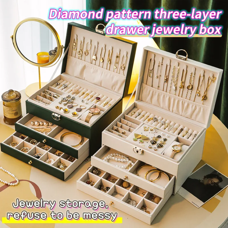 Double jewelry jewelry box household with lock simple jewelry storage box portable large capacity jewelry packaging box