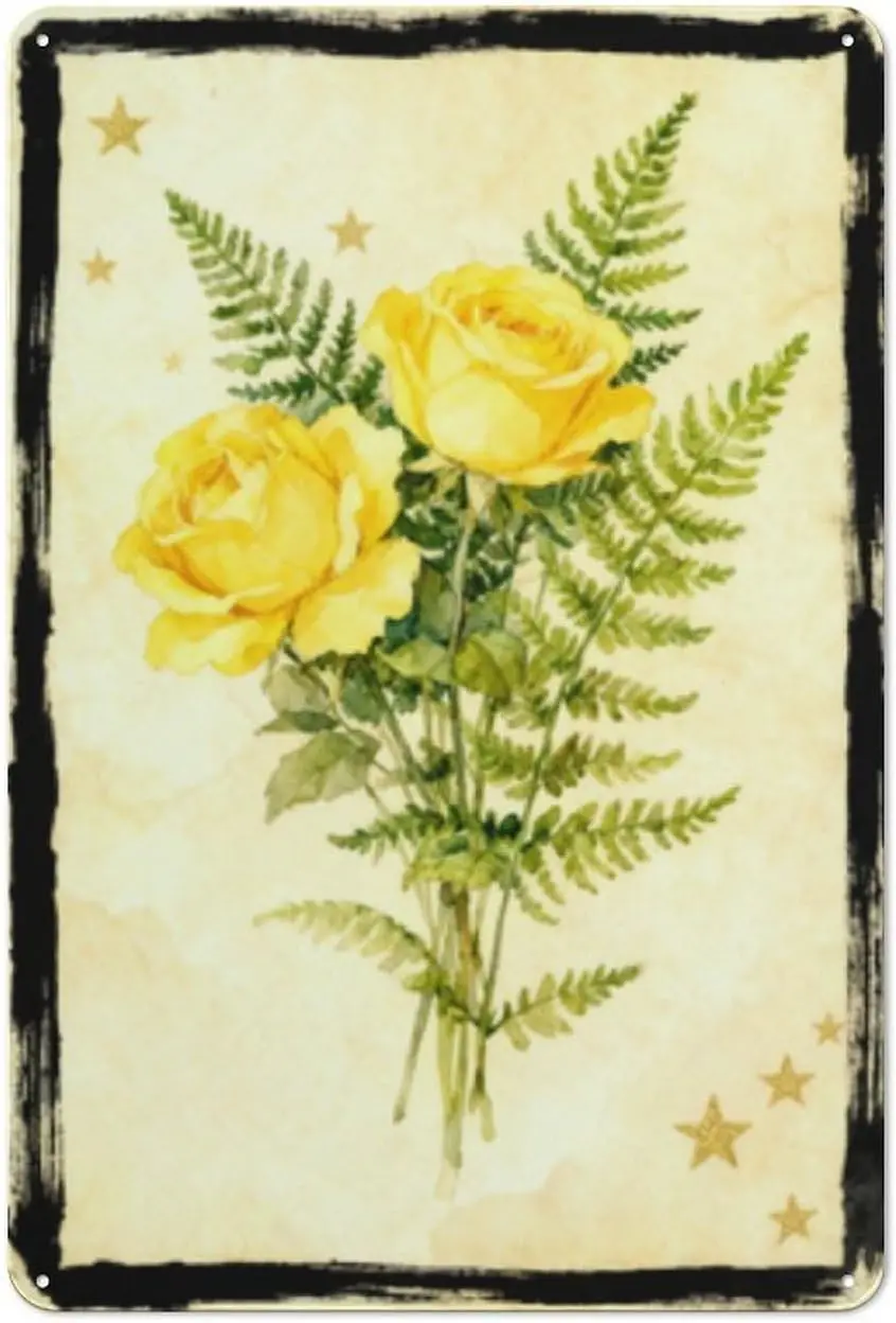 Metal Tin Sign – Vintage Yellow Rose & Fern Wall Art, Mother's Day Gift, Cheerful Floral Wall Decor Plaque for Home or